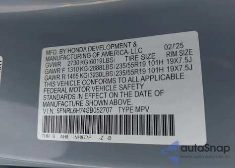 2025 Honda Odyssey Sport-L from USA, damaged, VIN 5FNRL6H74SB052707